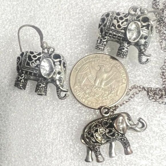 Boho Elephant Jewelry SSet Silver-Tone Filigree Necklace and Dangle Earrings - Picture 2 of 7